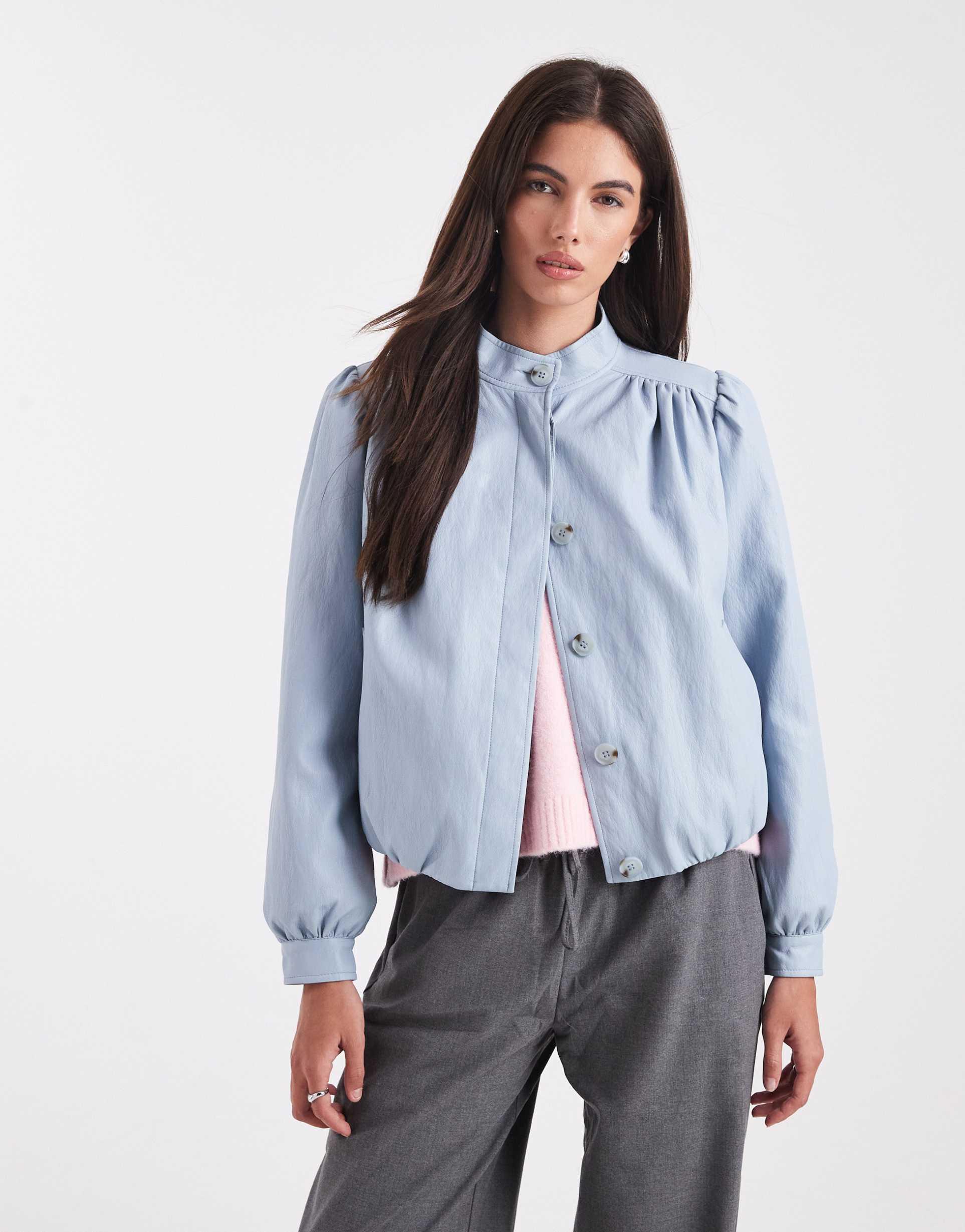 miss selfridge faux leather gathered detail jacket in soft blue