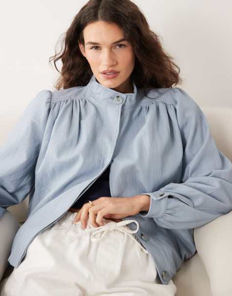Miss Selfridge faux leather gathered detail jacket in soft blue