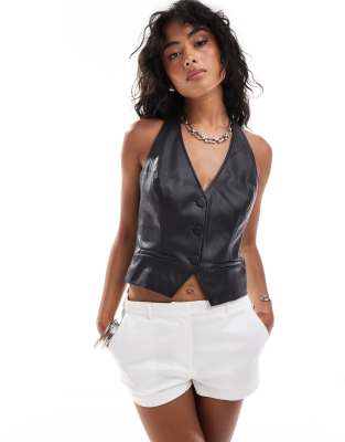 faux leather halter neck vest-Black