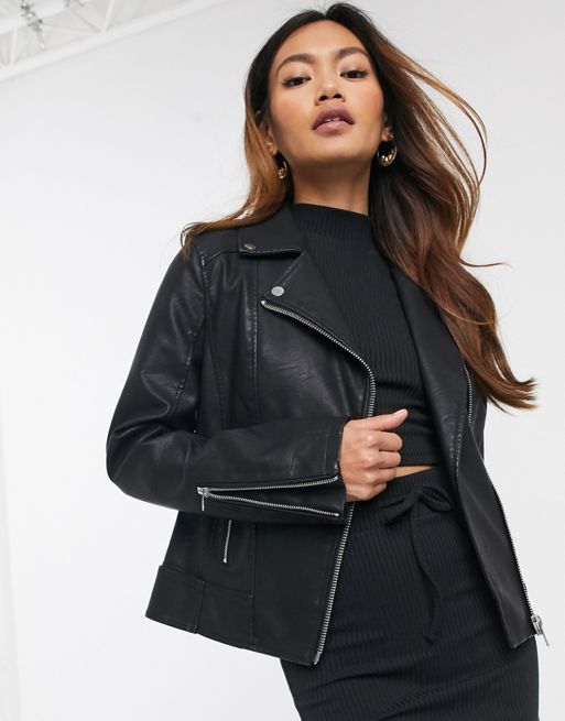 Miss Selfridge faux leather jacket in black | ASOS