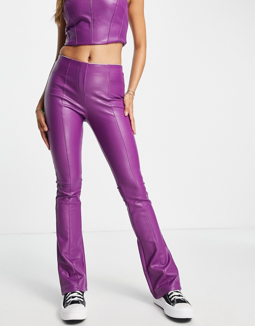 Miss Selfridge faux leather kickflare trousers in purple