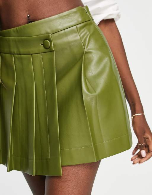 Miss Selfridge faux leather kilt in olive, 4 of 4