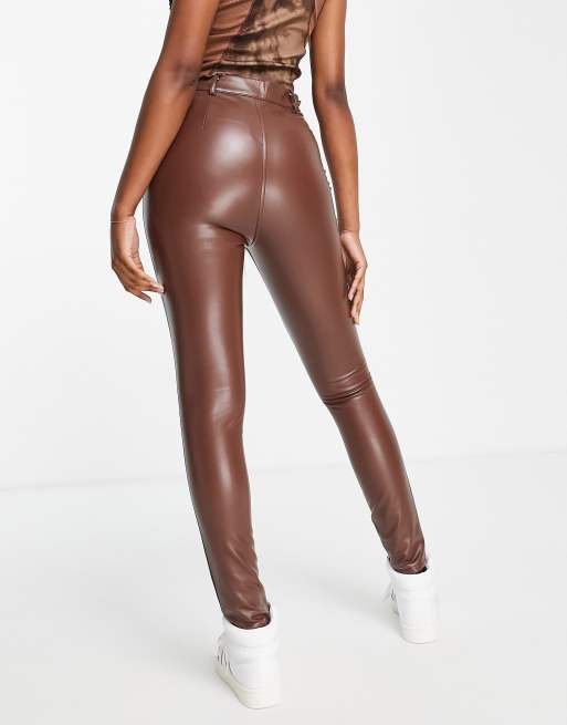 Miss Selfridge faux leather leggings in chocolate, 3 of 4