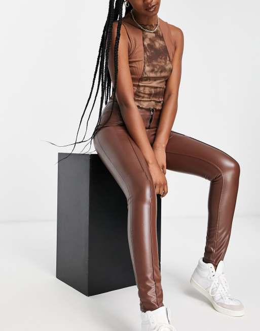 Miss Selfridge faux leather leggings in chocolate, 4 of 4