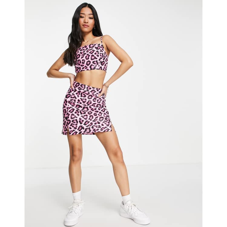 Miss Selfridge faux leather print mini skirt in pink | ASOS