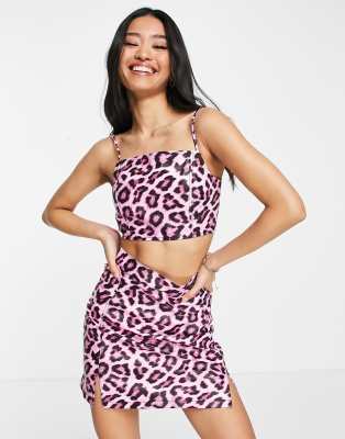 Miss Selfridge Faux Leather Leopard Print Strappy Bralet In Pink