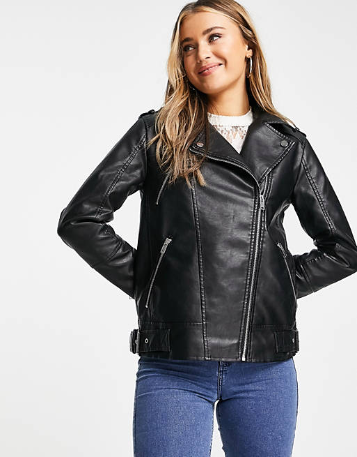 Coats & Jackets Miss Selfridge faux leather longline biker jacket in black 