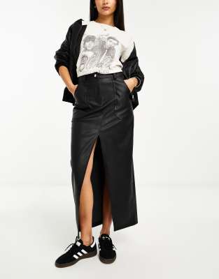 Faux Leather Front Slit Midi Skirt