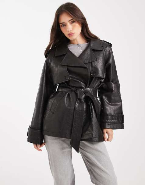 Miss Selfridge faux leather mid length trench coat in black - view 1