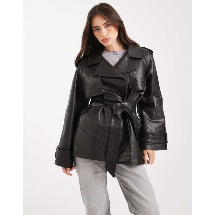Miss Selfridge faux leather mid length trench coat in black | ASOS