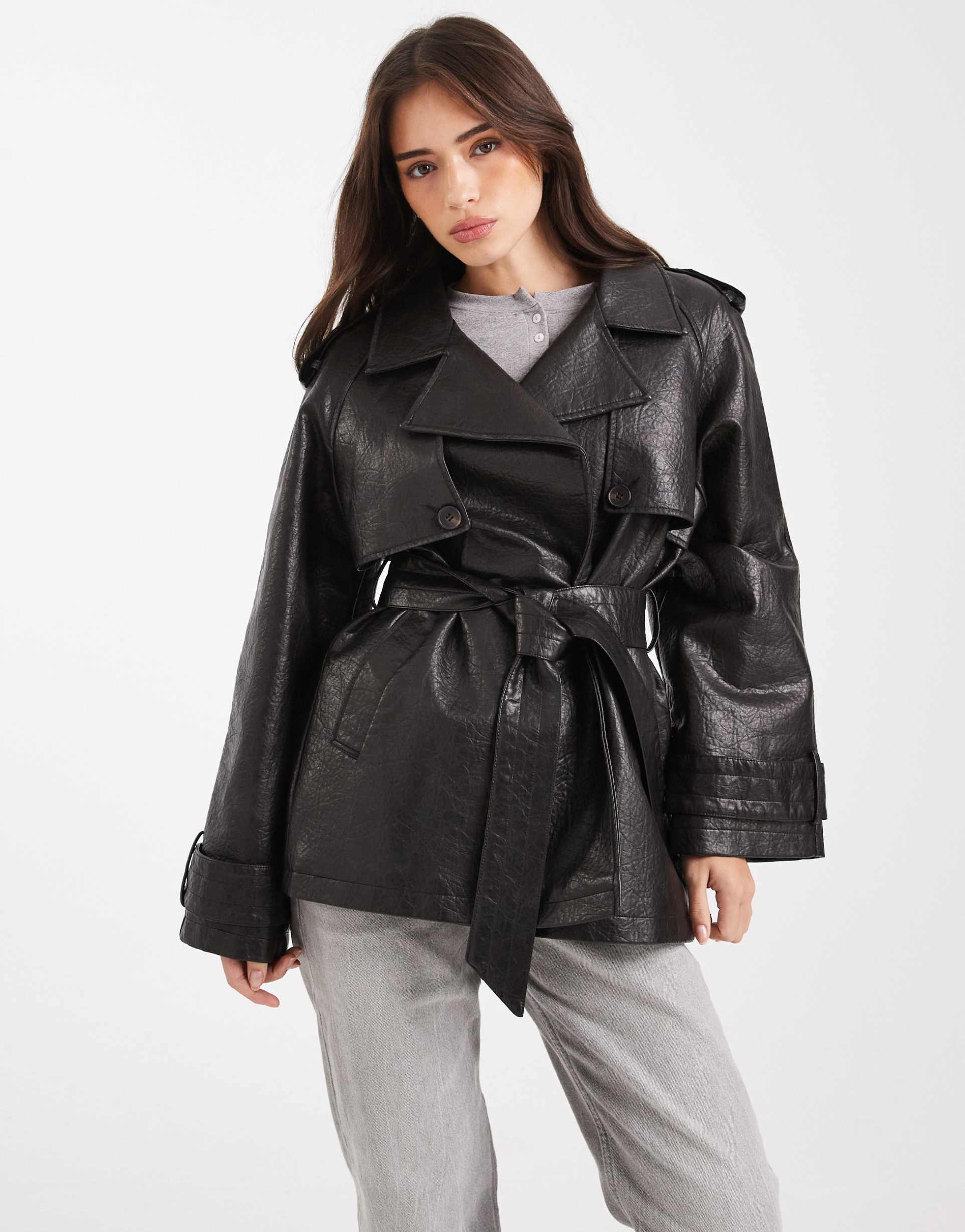 miss selfridge faux leather mid length trench coat in black
