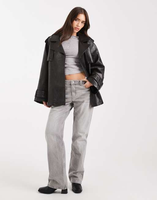 Miss Selfridge faux leather mid length trench coat in black