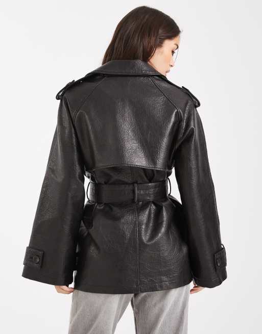 Miss Selfridge faux leather mid length trench coat in black