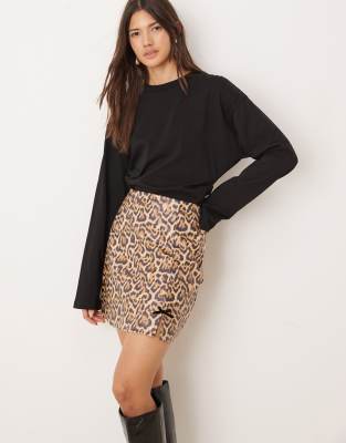 faux leather mini skirt with bow detail in leopard-Multi