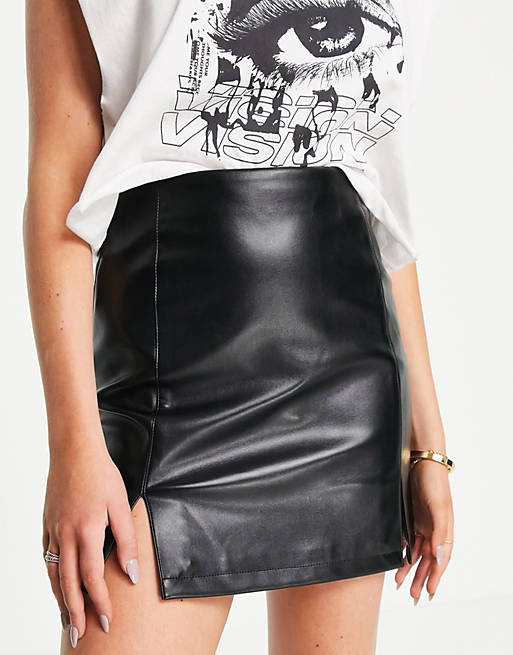 Miss Selfridge faux-leather mini skirt with side split in black
