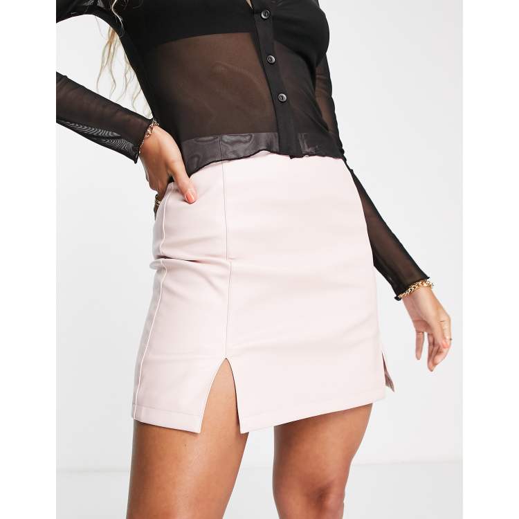 Miss Selfridge faux leather mini skirt with side split in blush ASOS