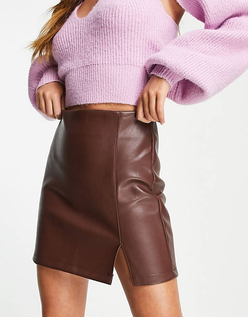Skirts Miss Selfridge faux leather mini skirt with side split in chocolate 