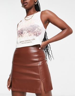 Miss Selfridge faux leather mini skirt with side split in chocolate