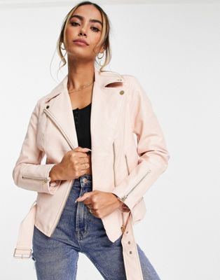 Miss Selfridge faux leather oversized biker jacket in pink | ASOS