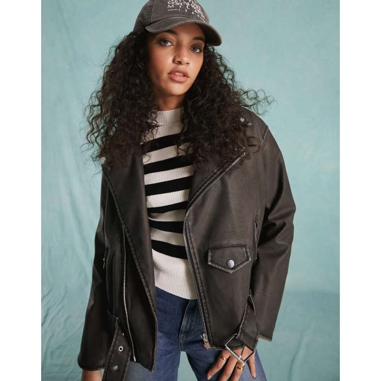 Miss Selfridge faux leather oversized padded biker jacket in washed black |  ASOS
