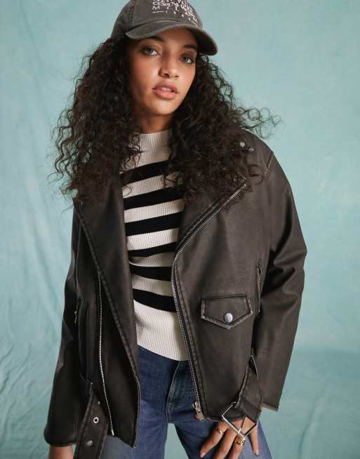 Miss Selfridge Faux Leather Oversized Padded Biker Jacket In Washed Black Asos