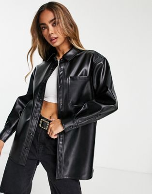 Miss Selfridge faux leather oversized shirt in black  | ASOS