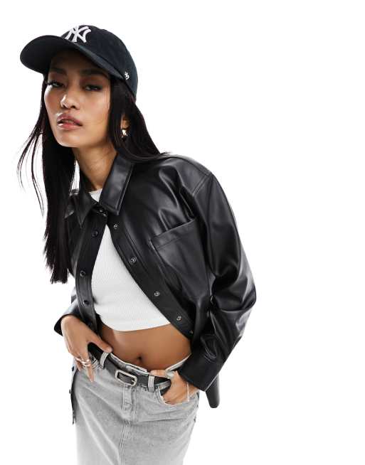 Miss Selfridge faux leather oversized shirt in black, 3 of 4