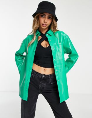 Miss Selfridge Faux Leather Oversized Shirt In Green