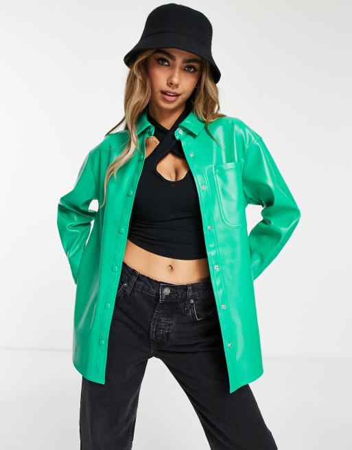 Miss Selfridge faux leather oversized shirt in green