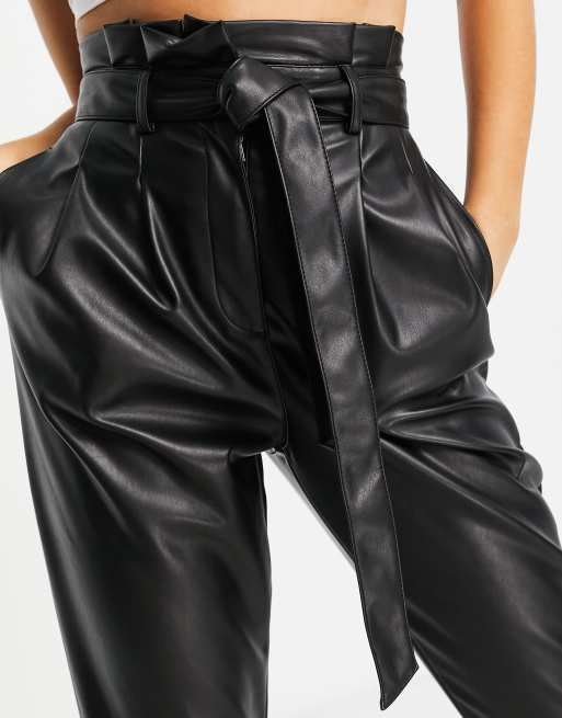 Miss Selfridge faux leather paperbag pants in black, 3 of 4