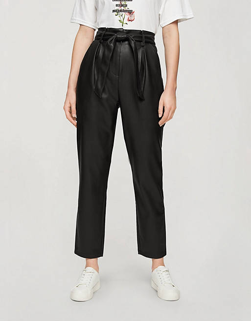 Miss Selfridge faux leather paperbag trousers in black