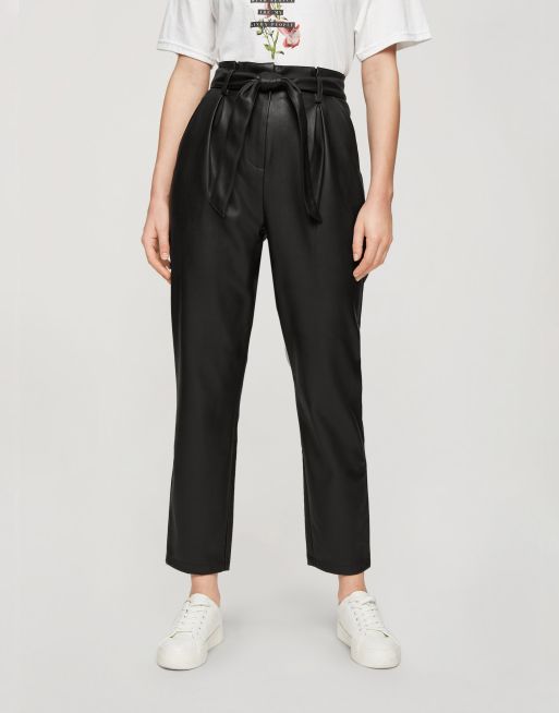 Miss Selfridge faux leather paperbag trousers in black | ASOS