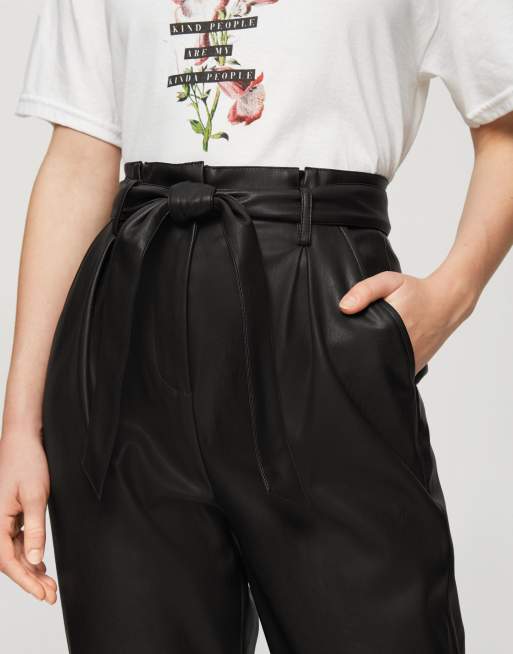 Black faux leather hot sale paperbag waist trousers