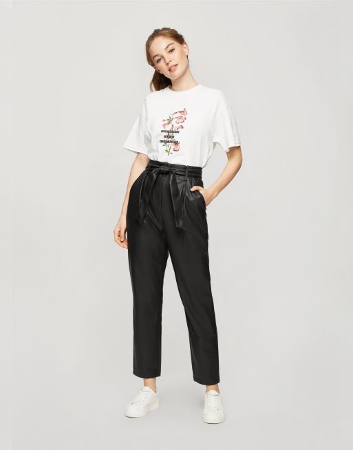 black faux leather paperbag trousers