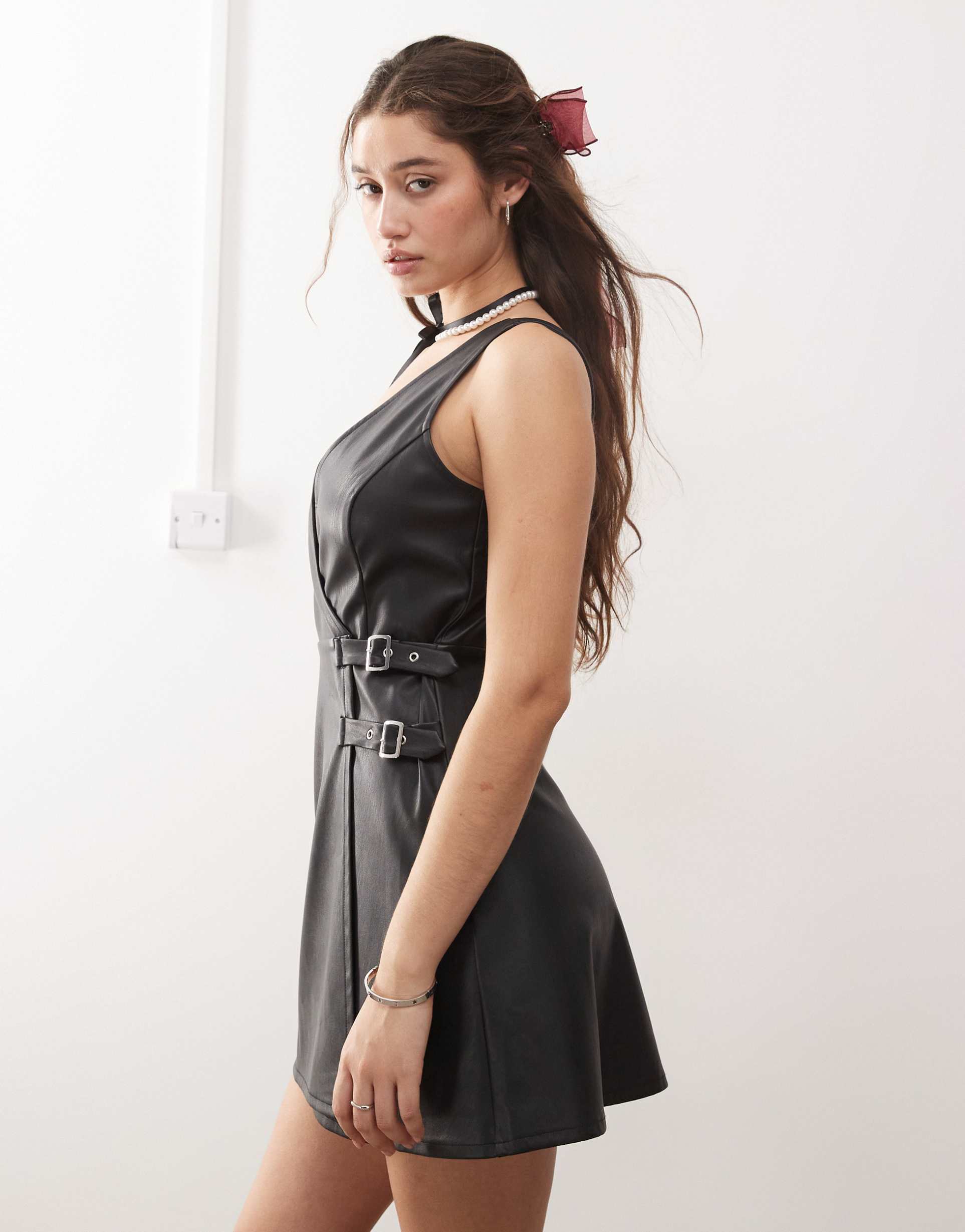 miss selfridge faux leather pinny dress