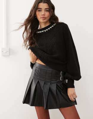 faux leather pleated buckle detail kilt-Black