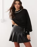 [Miss Selfridge] Miss Selfridge faux leather pleated buckle detail kilt-Black 4 BLACK