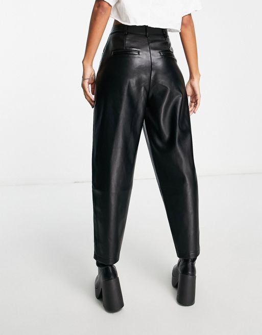 Topshop Petite Faux Leather High Waist Pleated Peg Pants In Black