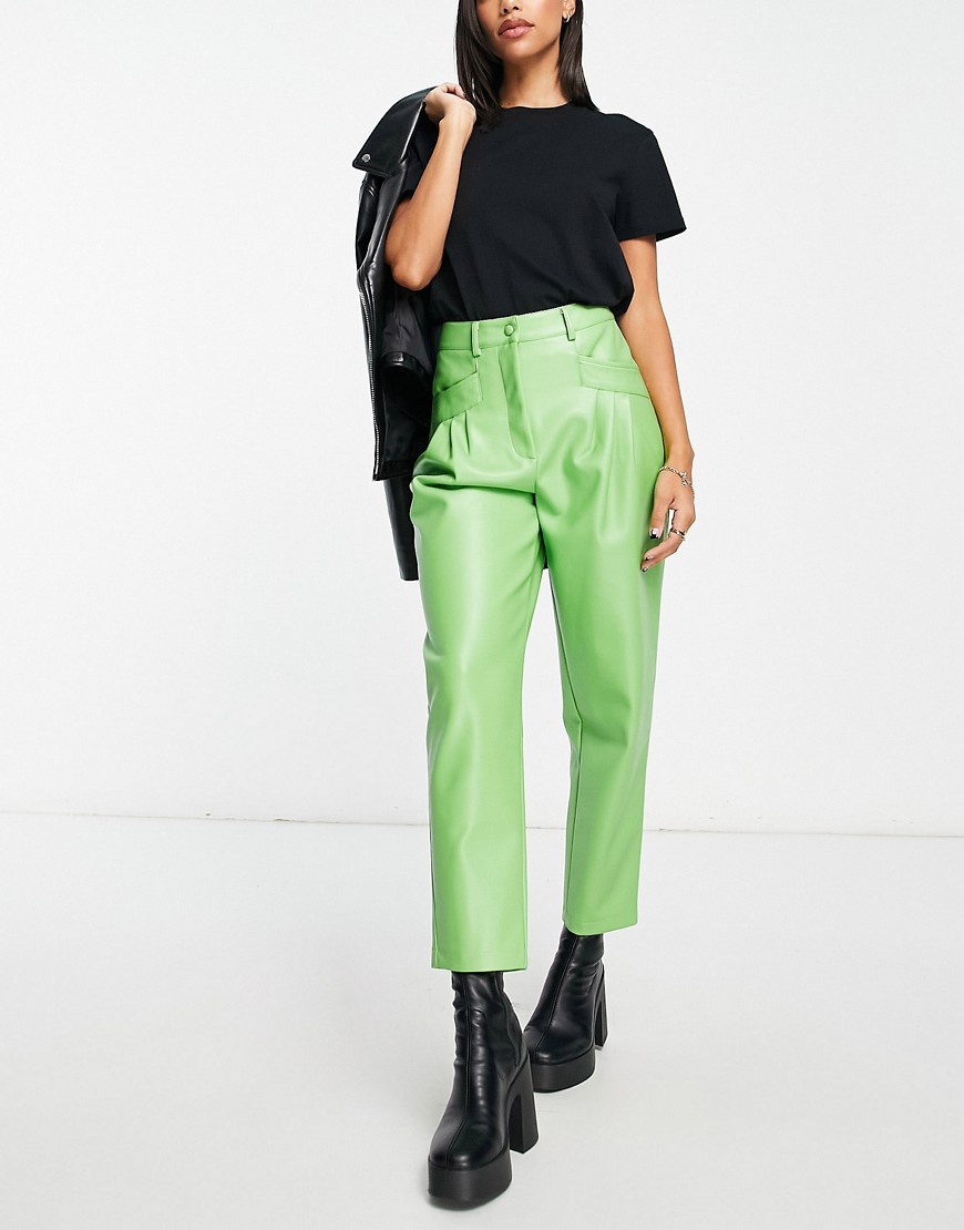 Miss Selfridge faux leather pleated high waist peg trouser in green-Black