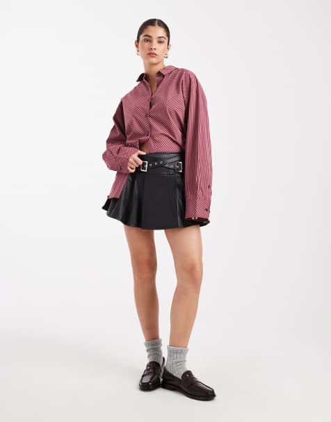 Miss Selfridge faux leather pleated kilt with buckle in black - view 1