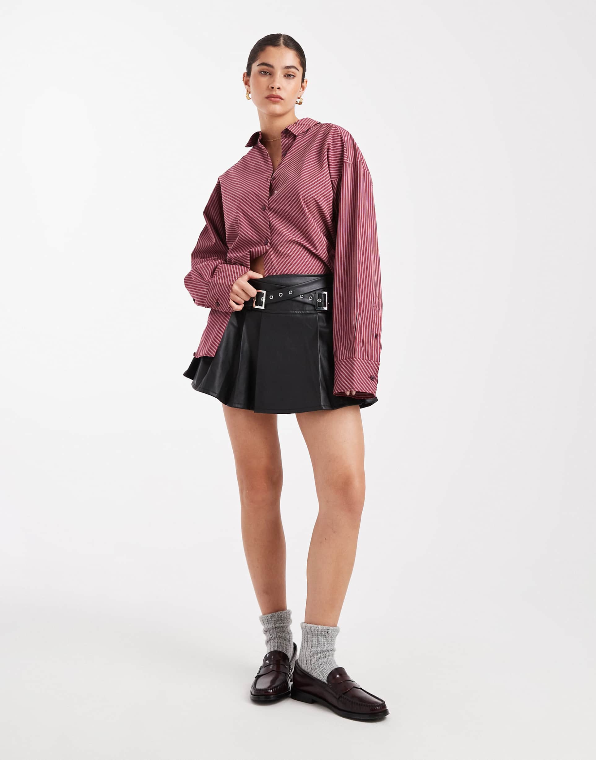 miss selfridge faux leather pleated kilt with buckles in black