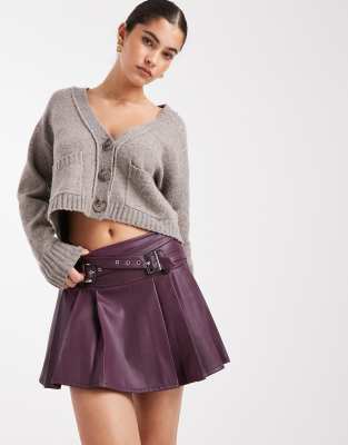 Miss Selfridge Faux Leather Pleated Kilt With Buckles In Purple