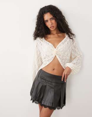 Miss Selfridge Faux Leather Pleated Skirt With Lace Trim In Black