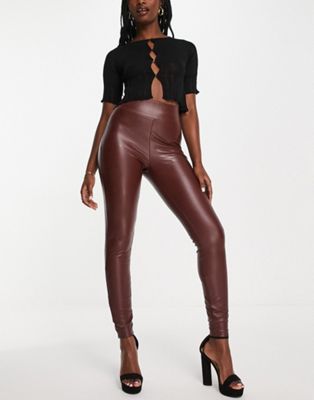 Miss Selfridge faux leather pull on legging in chocolate - ASOS Price Checker