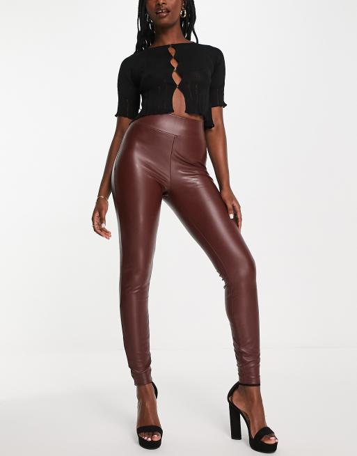 CHOCOLATE BROWN HIGH WAISTED FAUX LEATHER LEGGINGS