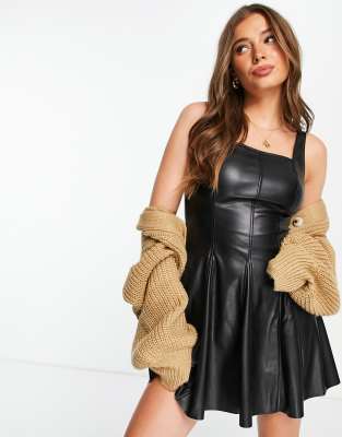 Miss Selfridge faux leather skater dress in black