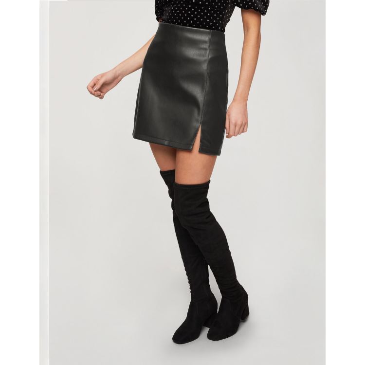 Miss Selfridge faux leather skirt with slit front in black