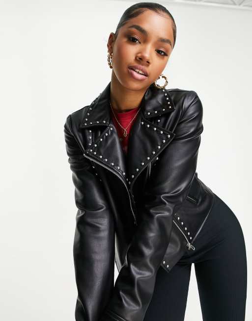 Miss Selfridge faux leather studded biker jacket in black | ASOS