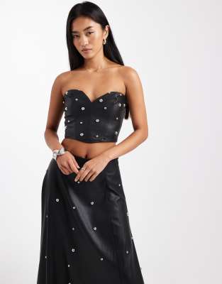 Miss Selfridge Faux Leather Studded Corset Top In Black