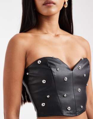 Miss Selfridge Faux Leather Studded Corset Top In Black